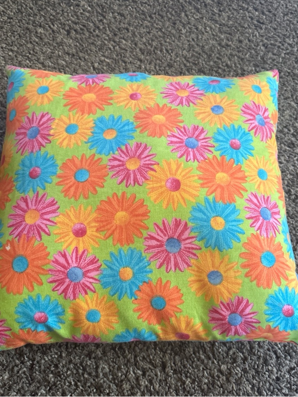 Bright Floral Throw Pillow - Lime Green with Pink, Blue & Orange Daisies